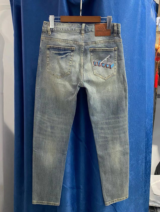 Retro distressed back pocket pattern jeans