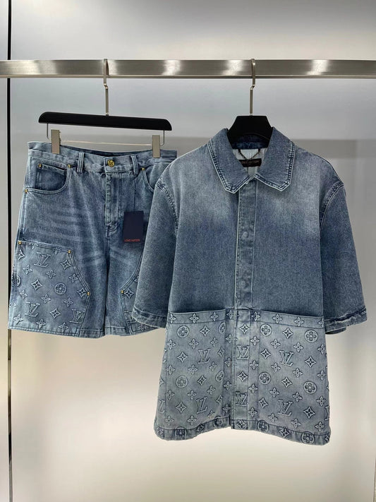 New leather label casual denim T-shirt and shorts set